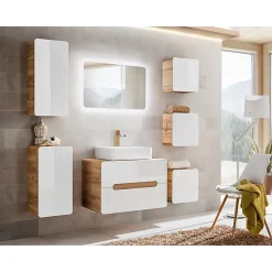 Meublorama Meuble salle de bain ERBANO Chene clair et blanc brillant 35x75 cm 1 porte Meuble suspendu