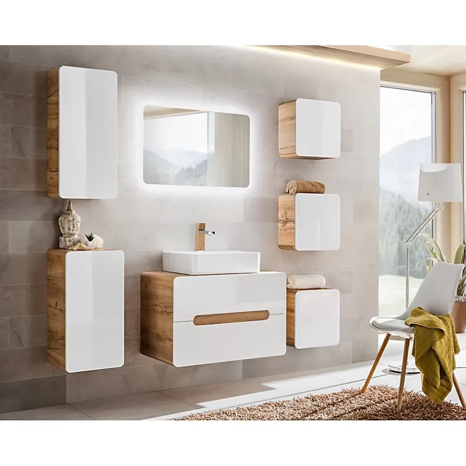 Meublorama Meuble salle de bain ERBANO Chene clair et blanc brillant 35x75 cm 1 porte Meuble suspendu
