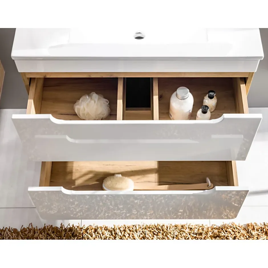 Meublorama Meuble salle de bain ERBANO Chene clair et blanc brillant 35x75 cm 1 porte Meuble suspendu