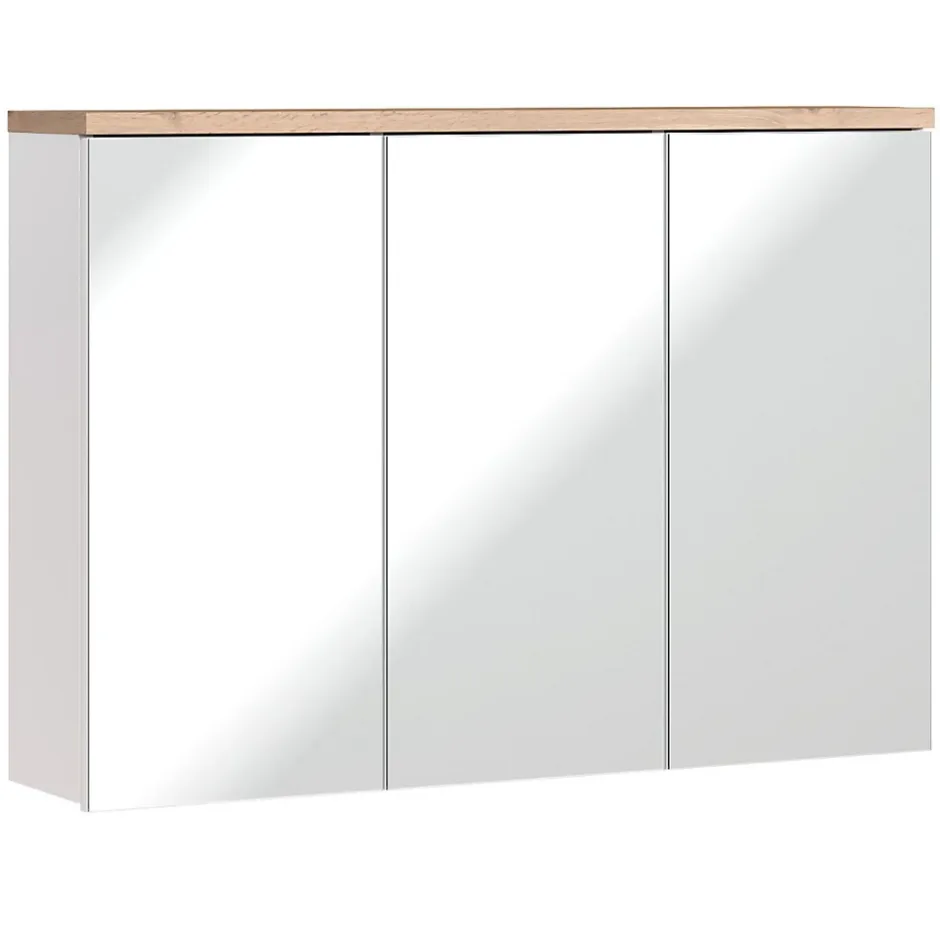 Meublorama Meuble salle de bain ERMANO Chene clair et blanc brillant 100x69 cm 3 portes miroir Meuble suspendu