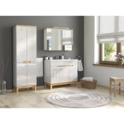 Meublorama Meuble salle de bain ERMANO Chene clair et blanc brillant 100x69 cm 3 portes miroir Meuble suspendu
