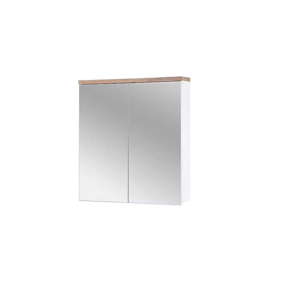 Meublorama Meuble salle de bain ERMANO Chene clair et blanc brillant 60x70 cm 2 portes miroir Meuble suspendu