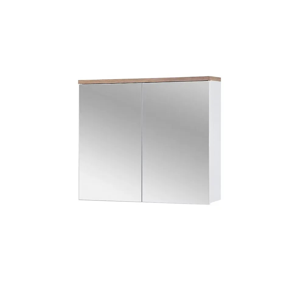 Meublorama Meuble salle de bain ERMANO Chene clair et blanc brillant 80x70 cm 2 portes miroir Meuble suspendu* Armoire De Salle De Bains