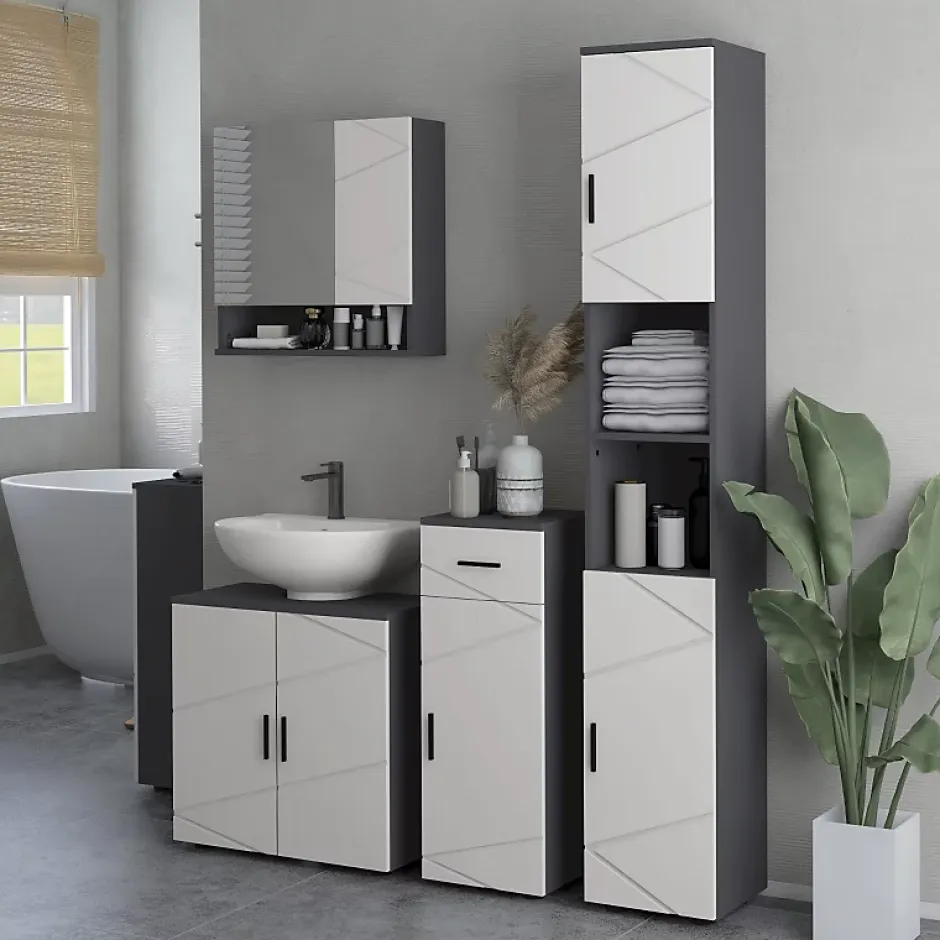 ProximaX Meuble salle de bain gris, armoire d'appoint avec tiroir et étagères réglables, meuble de rangement, idéal salle de bain ou salon