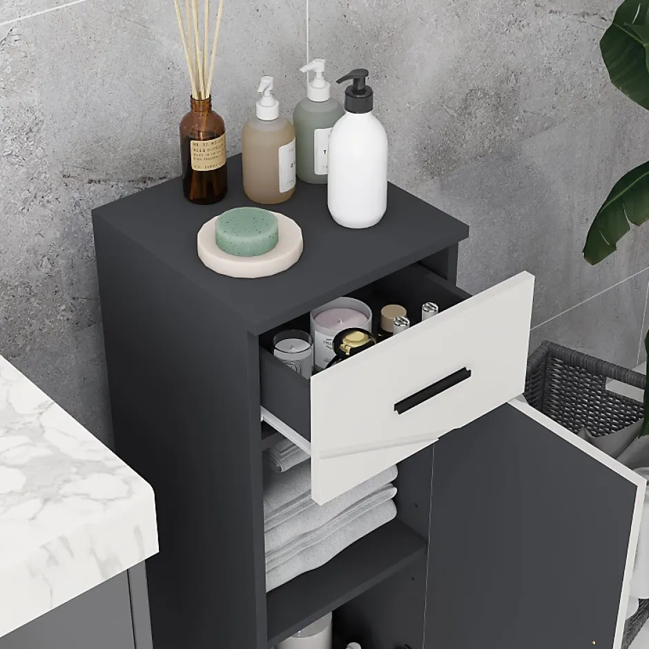 ProximaX Meuble salle de bain gris, armoire d'appoint avec tiroir et étagères réglables, meuble de rangement, idéal salle de bain ou salon