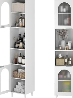 Giantex Meuble Salle de Bain Haut avec 2 Placards à Porte Verre, 2 Compartiments Ouverts, Pieds Surélevés,35x30x180 CM