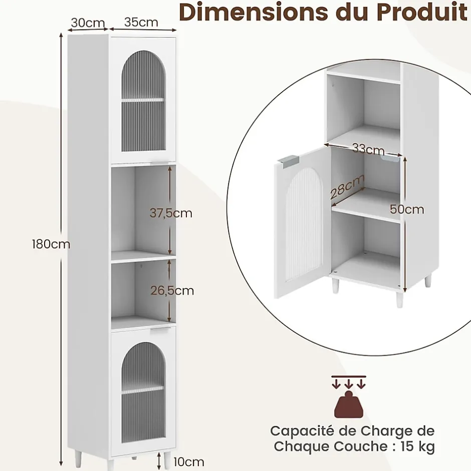 Giantex Meuble Salle de Bain Haut avec 2 Placards à Porte Verre, 2 Compartiments Ouverts, Pieds Surélevés,35x30x180 CM