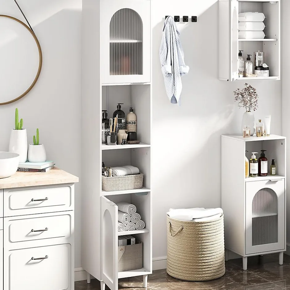 Giantex Meuble Salle de Bain Haut avec 2 Placards à Porte Verre, 2 Compartiments Ouverts, Pieds Surélevés,35x30x180 CM