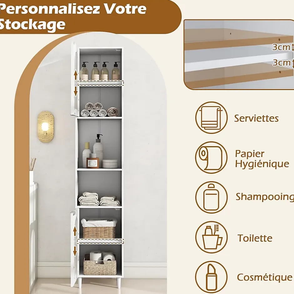 Giantex Meuble Salle de Bain Haut avec 2 Placards à Porte Verre, 2 Compartiments Ouverts, Pieds Surélevés,35x30x180 CM