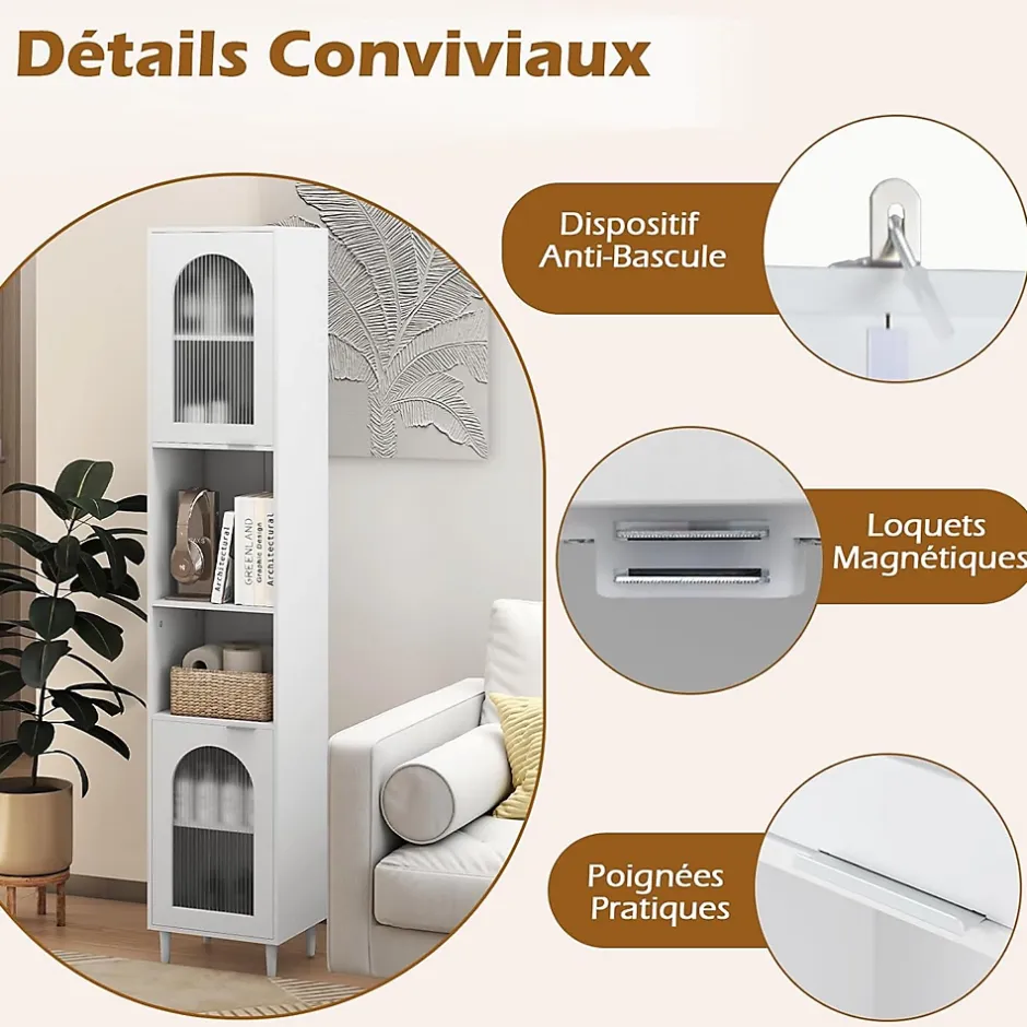 Giantex Meuble Salle de Bain Haut avec 2 Placards à Porte Verre, 2 Compartiments Ouverts, Pieds Surélevés,35x30x180 CM
