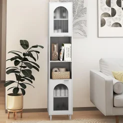 Giantex Meuble Salle de Bain Haut avec 2 Placards à Porte Verre, 2 Compartiments Ouverts, Pieds Surélevés,35x30x180 CM