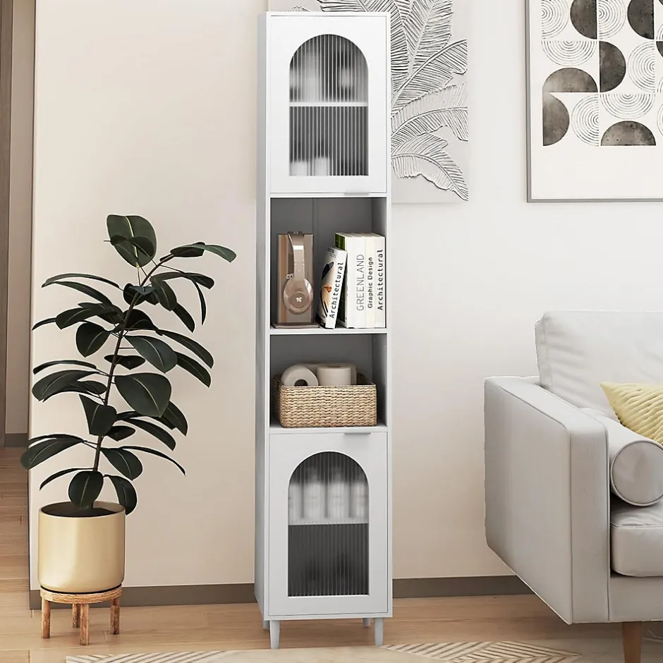 Giantex Meuble Salle de Bain Haut avec 2 Placards à Porte Verre, 2 Compartiments Ouverts, Pieds Surélevés,35x30x180 CM