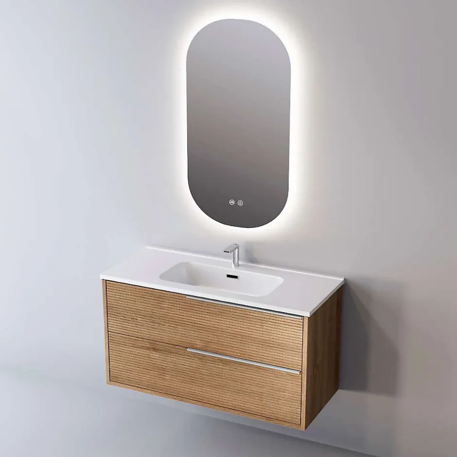 Sanizéo Meuble Salle de Bain LISTELLO 81 cm x H54 x P45 cm, Plan Vasque Cérame, 2 Tiroirs Impression 3D Poignée Inox, Chêne Clair* Meuble Vasque