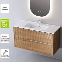 Sanizéo Meuble Salle de Bain LISTELLO 81 cm x H54 x P45 cm, Plan Vasque Cérame, 2 Tiroirs Impression 3D Poignée Inox, Chêne Clair* Meuble Vasque
