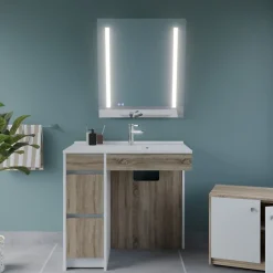 Cuisibane Meuble salle de bain PMR ANDY PLUS 90 cm bois et blanc + miroir Rota Plus* Ensemble Meuble De Salle De Bains