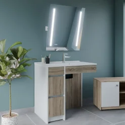 Cuisibane Meuble salle de bain PMR ANDY PLUS 90 cm bois et blanc + miroir Rota Plus* Ensemble Meuble De Salle De Bains