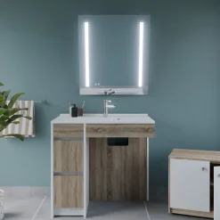 Cuisibane Meuble salle de bain PMR ANDY PLUS 90 cm bois et blanc + miroir Rota Plus* Ensemble Meuble De Salle De Bains