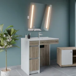 Cuisibane Meuble salle de bain PMR ANDY PLUS 90 cm bois et blanc + miroir Rota Plus* Ensemble Meuble De Salle De Bains