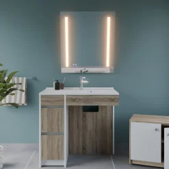Cuisibane Meuble salle de bain PMR ANDY PLUS 90 cm bois et blanc + miroir Rota Plus* Ensemble Meuble De Salle De Bains