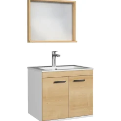 Saniverre Meuble salle de bain RUBITE simple vasque 2 portes Chêne clair L. 60 cm + miroir cadre -