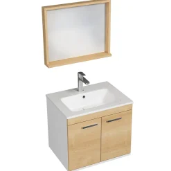 Saniverre Meuble salle de bain RUBITE simple vasque 2 portes Chêne clair L. 60 cm + miroir cadre -