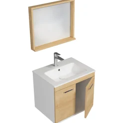 Saniverre Meuble salle de bain RUBITE simple vasque 2 portes Chêne clair L. 60 cm + miroir cadre -