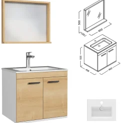 Saniverre Meuble salle de bain RUBITE simple vasque 2 portes Chêne clair L. 60 cm + miroir cadre -