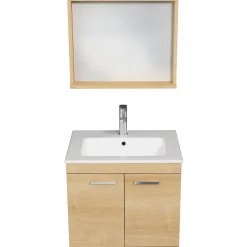 Saniverre Meuble salle de bain RUBITE simple vasque 2 portes Chêne clair L. 60 cm + miroir cadre -