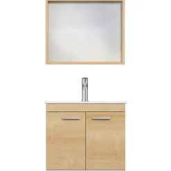 Saniverre Meuble salle de bain RUBITE simple vasque 2 portes Chêne clair L. 60 cm + miroir cadre -