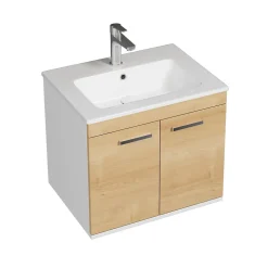Saniverre Meuble salle de bain RUBITE simple vasque 2 portes Chêne clair L. 60 cm + miroir cadre -