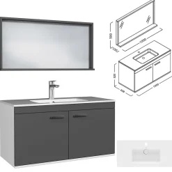 Saniverre Meuble salle de bain RUBITE simple vasque 2 portes Gris anthracite L. 100 cm + miroir cadre -