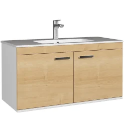 Saniverre Meuble salle de bain RUBITE simple vasque 2 portes Chêne clair L. 100 cm -* Meuble Vasque