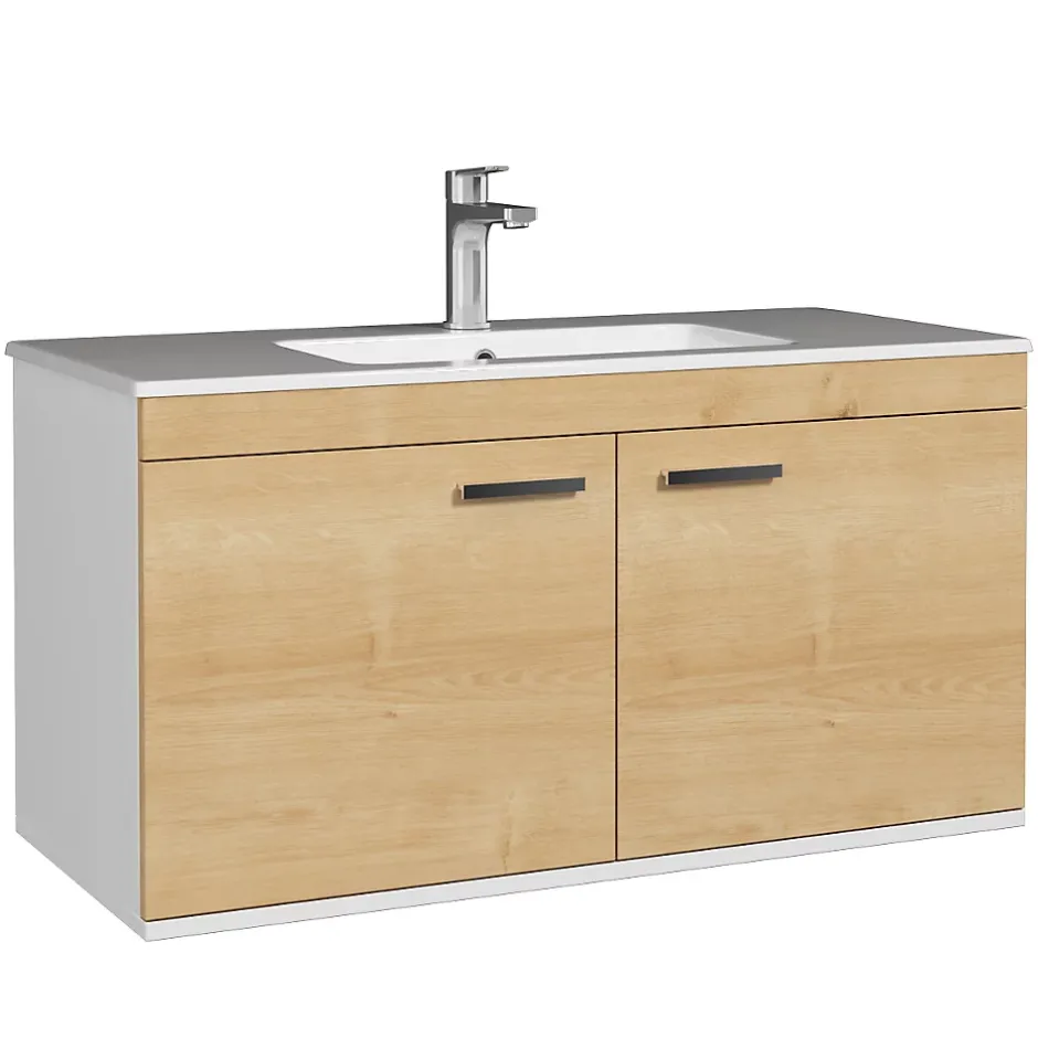 Saniverre Meuble salle de bain RUBITE simple vasque 2 portes Chêne clair L. 100 cm -* Meuble Vasque