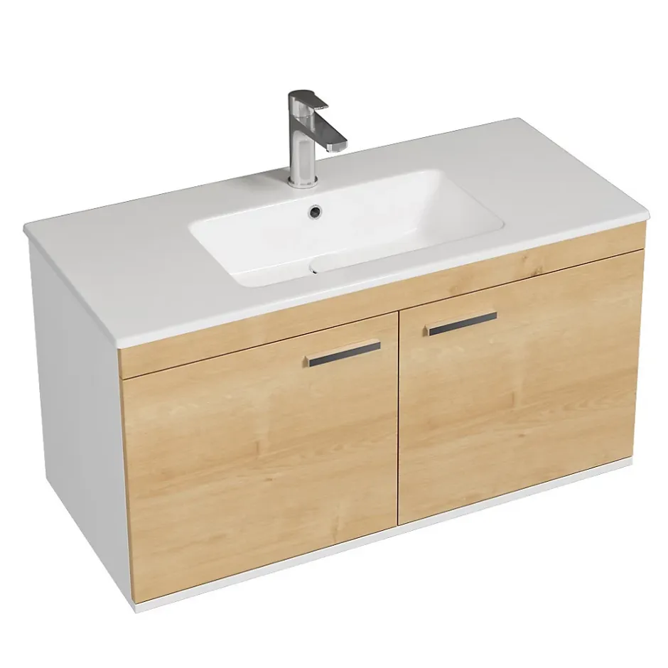 Saniverre Meuble salle de bain RUBITE simple vasque 2 portes Chêne clair L. 100 cm -* Meuble Vasque
