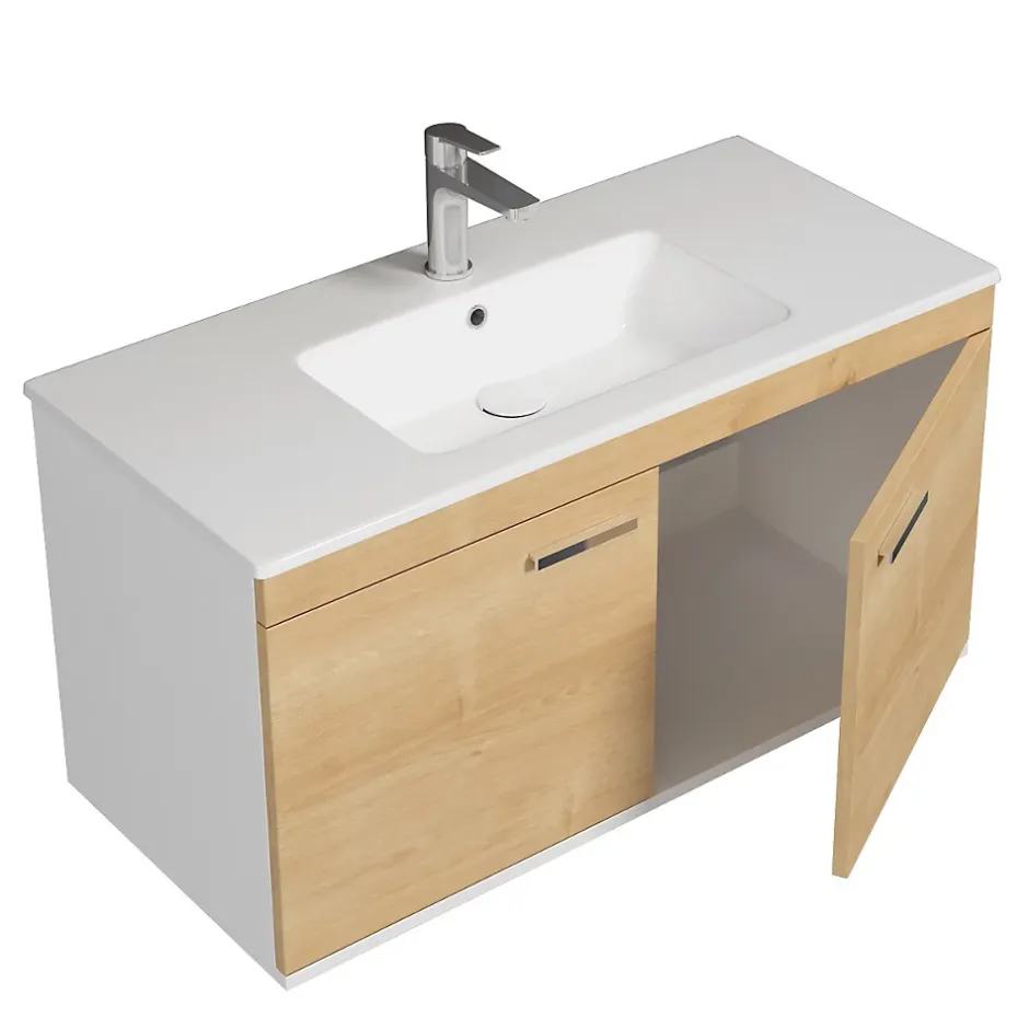 Saniverre Meuble salle de bain RUBITE simple vasque 2 portes Chêne clair L. 100 cm -* Meuble Vasque