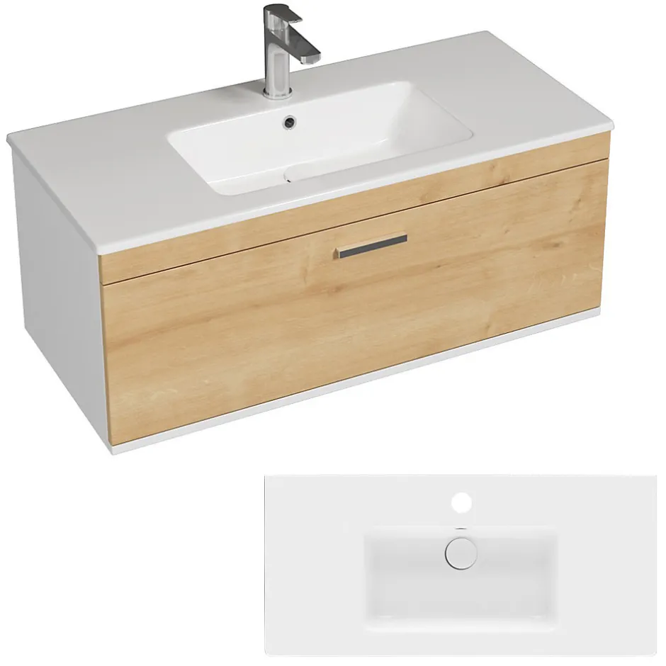 Saniverre Meuble salle de bain RUBITE simple vasque 2 portes Chêne clair L. 100 cm -* Meuble Vasque