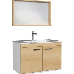 Saniverre Meuble salle de bain RUBITE simple vasque 2 portes Chêne clair L. 80 cm + miroir cadre -