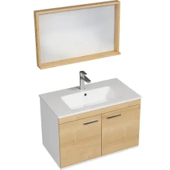 Saniverre Meuble salle de bain RUBITE simple vasque 2 portes Chêne clair L. 80 cm + miroir cadre -