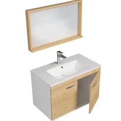 Saniverre Meuble salle de bain RUBITE simple vasque 2 portes Chêne clair L. 80 cm + miroir cadre -