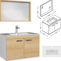 Saniverre Meuble salle de bain RUBITE simple vasque 2 portes Chêne clair L. 80 cm + miroir cadre -