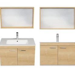 Saniverre Meuble salle de bain RUBITE simple vasque 2 portes Chêne clair L. 80 cm + miroir cadre -