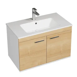Saniverre Meuble salle de bain RUBITE simple vasque 2 portes Chêne clair L. 80 cm + miroir cadre -
