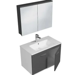 Saniverre Meuble salle de bain RUBITE simple vasque 2 portes Gris anthracite L. 80 cm + miroir armoire -