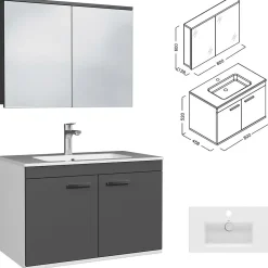 Saniverre Meuble salle de bain RUBITE simple vasque 2 portes Gris anthracite L. 80 cm + miroir armoire -