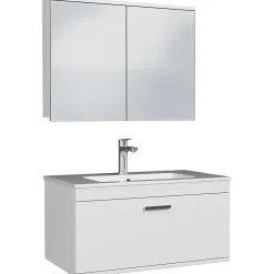 Saniverre Meuble salle de bain simple vasque RUBITE 1 tiroir Blanc L. 80 cm + miroir armoire -* Ensemble Meuble De Salle De Bains
