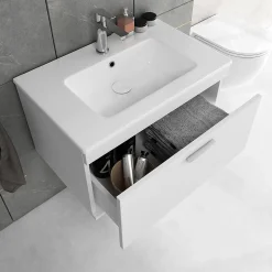 Saniverre Meuble salle de bain simple vasque RUBITE 1 tiroir Blanc L. 80 cm + miroir armoire -* Ensemble Meuble De Salle De Bains