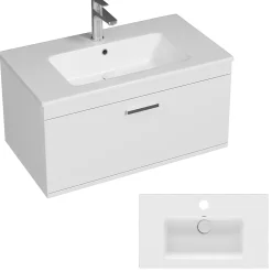 Saniverre Meuble salle de bain simple vasque RUBITE 1 tiroir Blanc L. 80 cm + miroir armoire -* Ensemble Meuble De Salle De Bains