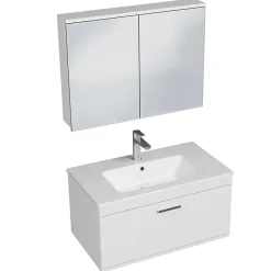Saniverre Meuble salle de bain simple vasque RUBITE 1 tiroir Blanc L. 80 cm + miroir armoire -* Ensemble Meuble De Salle De Bains