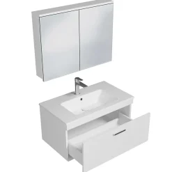 Saniverre Meuble salle de bain simple vasque RUBITE 1 tiroir Blanc L. 80 cm + miroir armoire -* Ensemble Meuble De Salle De Bains