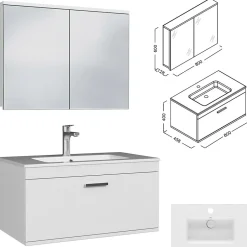 Saniverre Meuble salle de bain simple vasque RUBITE 1 tiroir Blanc L. 80 cm + miroir armoire -* Ensemble Meuble De Salle De Bains